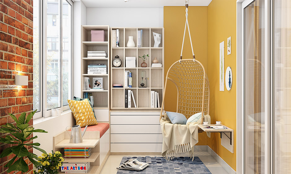 Swing reading chair hangs from the ceiling in the cosy reading area