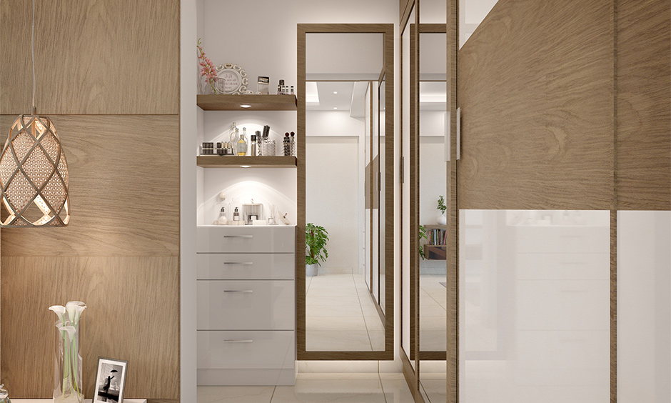 Vanity table with full-length mirror and drawers in the walk-in closet smartly placed