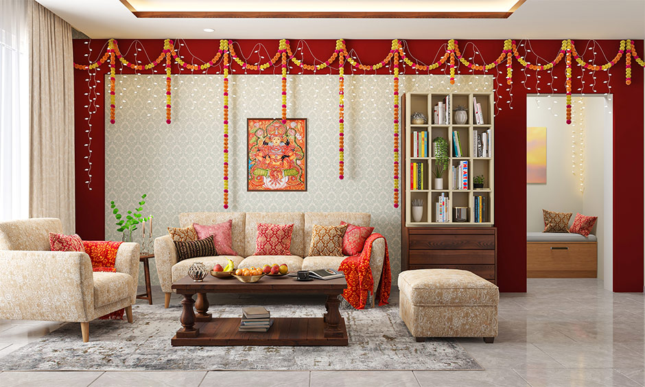 Varalakshmi decoration ideas for your living room  with wall art of Goddess Lakshmi