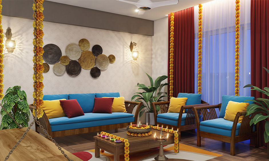 Varamahalakshmi festival decoration with floral garlands and diyas lends a festive vibe to your living room