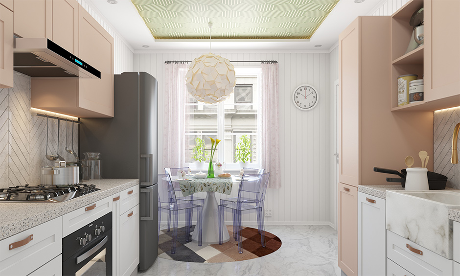 Wallpaper on false ceiling for kitchen add personality with geometric pattern