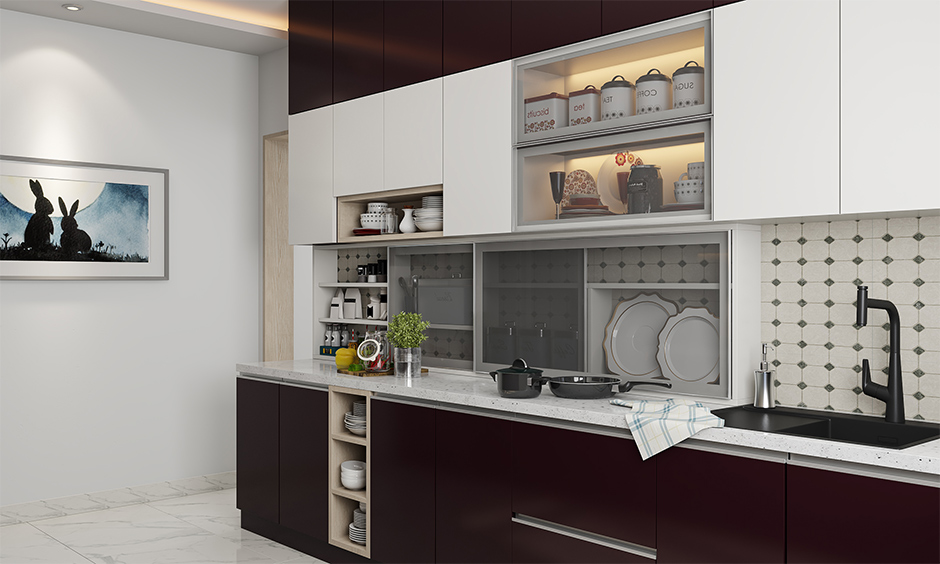 Acrylic kitchen interior cost in India at mid-range with a crockery unit on the dado