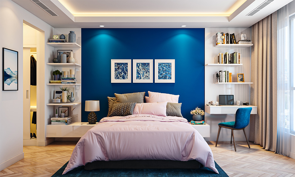 Blue colour combination for bedroom walls with white is standard yet outstanding