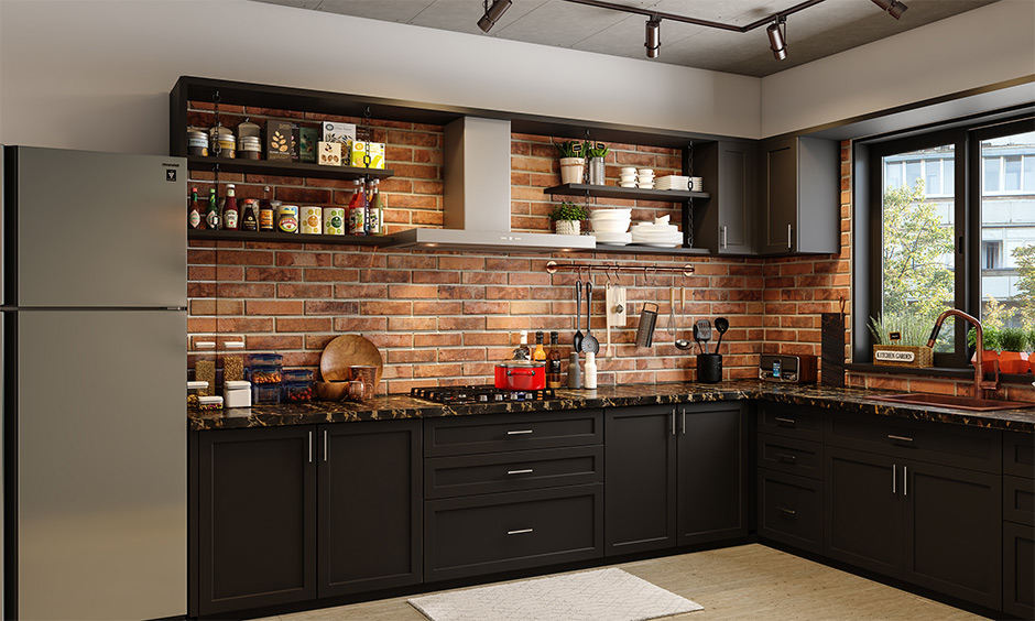 Brick wall cladding tiles on the modern kitchen backsplash design are eye-catchy