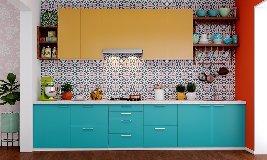 Eclectic kitchen interior cost in India at budget-friendly with vibrant colour laminates