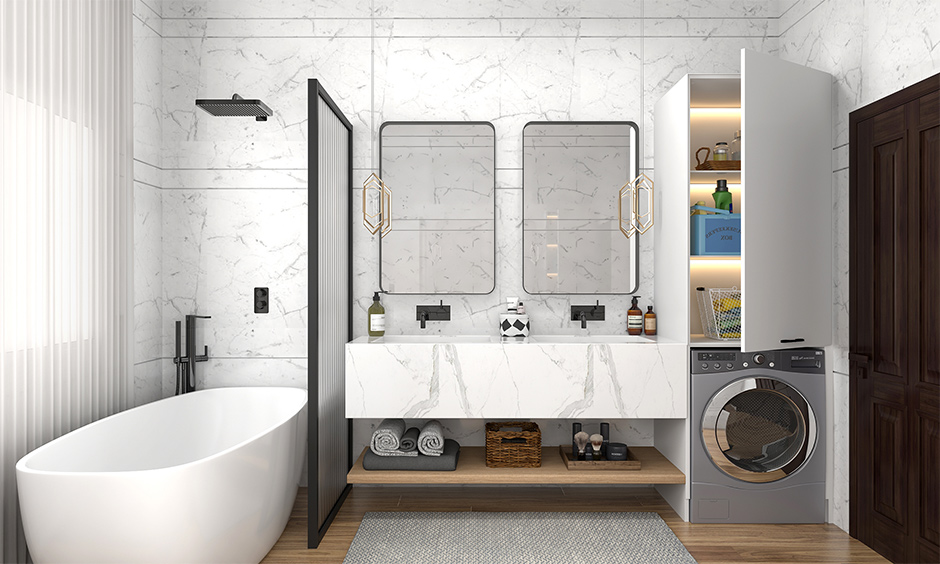 Double basin vanity units for bathroom with a storage area elevates the functionality of the space