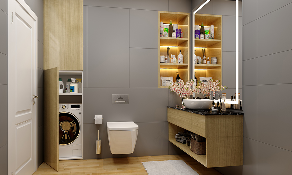 Grey bathroom idea with the grey walls with a wooden finish vanity unit and cabinets