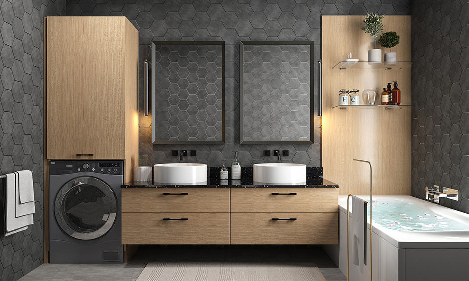 Grey bathroom tiles appears larger and functional with two vanity sinks