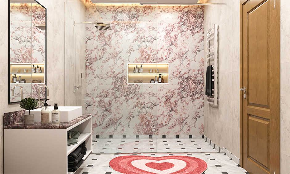 Heart-shaped bathroom rugs provide an elegant vibe