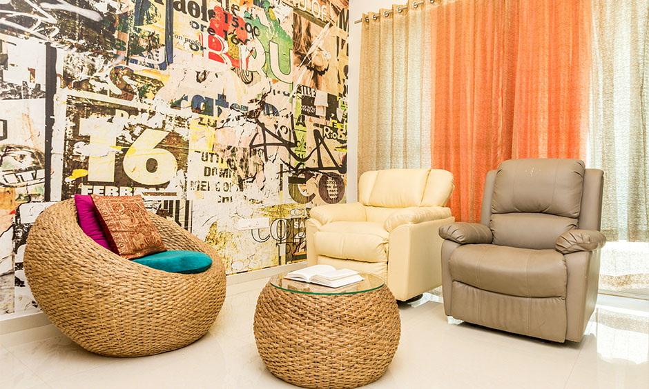 Jute woven ottoman coffee table paired with a round lounge chair works well