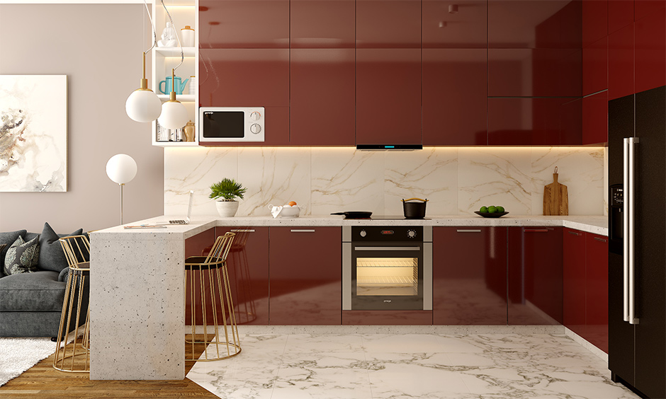 Mid-range kitchen interior cost with red high gloss laminates poses style and luxury