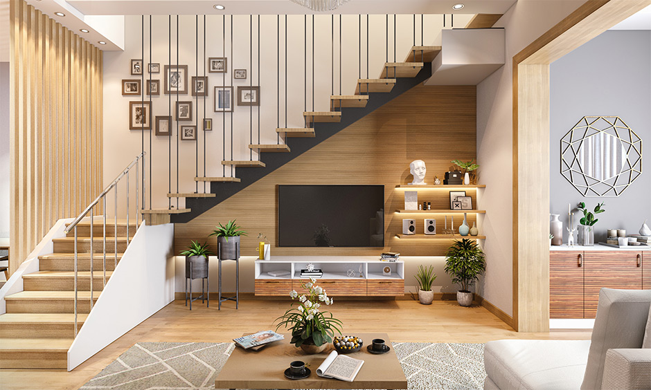 Minimalist TV unit under staircase in the living room looks elegant