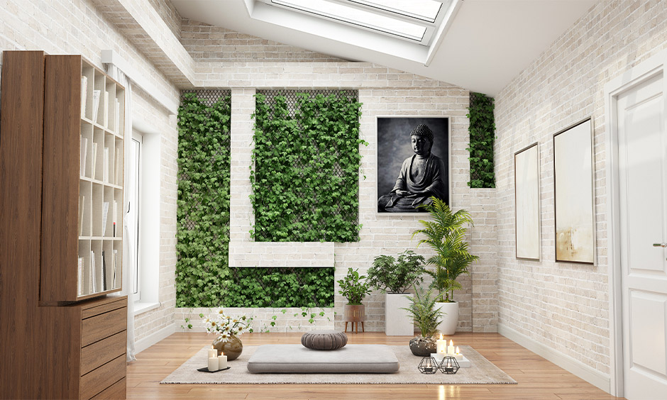 Modern luxury home decorated with plants, white brick cladding wall, sunroof and wooden flooring