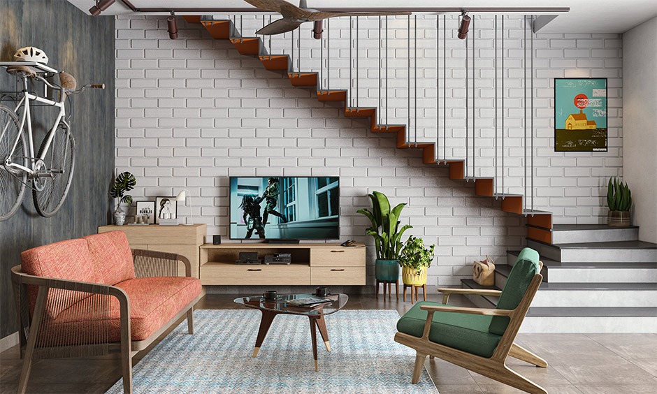 Modern TV unit design under staircase in the eclectic living room