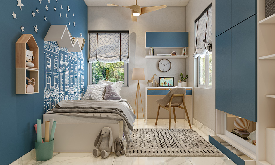 Off-white and blue color combination for kids bedroom wall