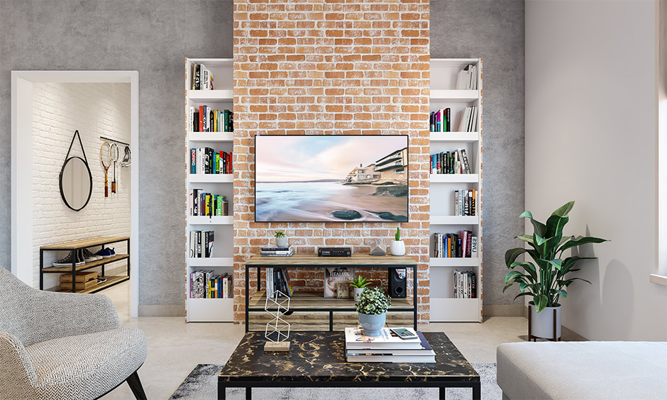 Brick wall cladding behind entertainment unit in red colour with hidden storage