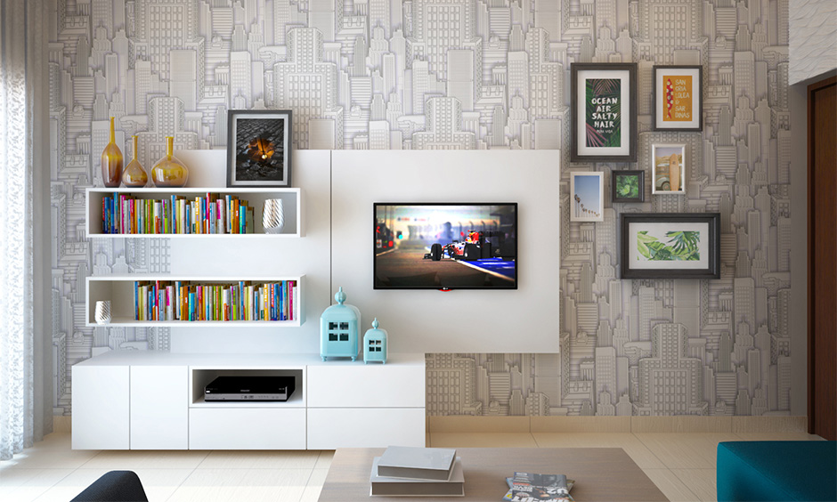 Space-saving book rack design in the tv unit for small living room