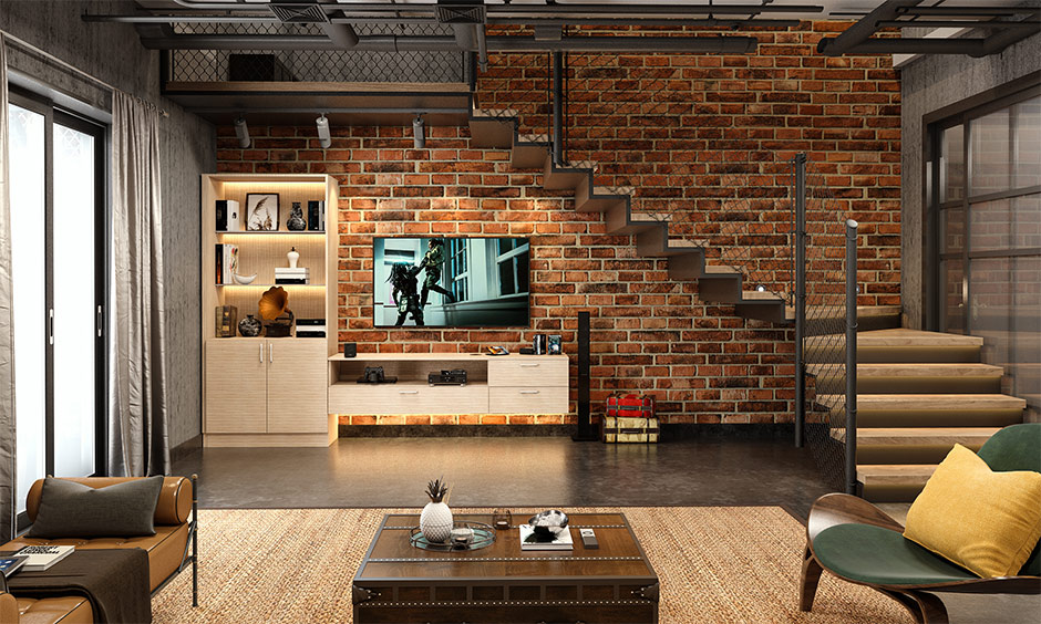 TV unit under staircase design in industrial-style living space