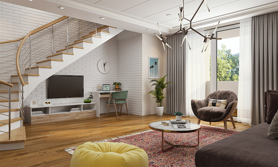 TV wall unit under staircase in living room