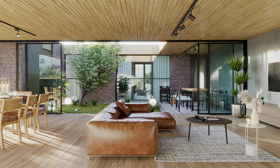 Wood tiles design for ceiling and floor evoke a warm countryside vibe