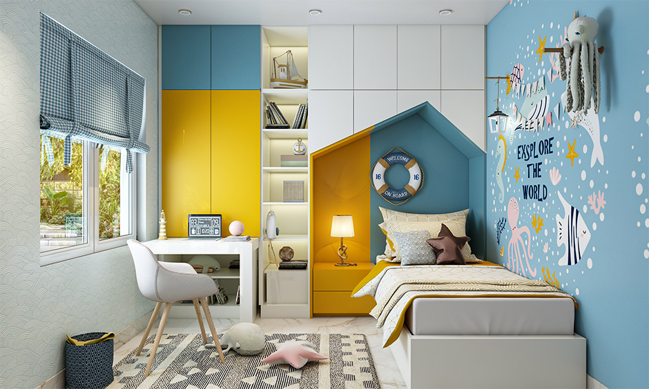 Bring playful vibe with yellow and sky blue colour combination for bedroom