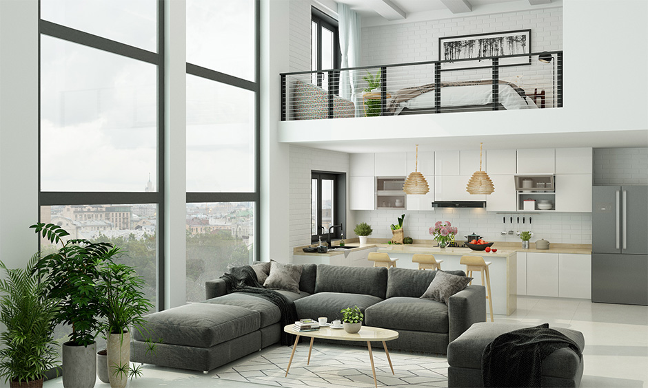 Awkward living room layout space with large windows