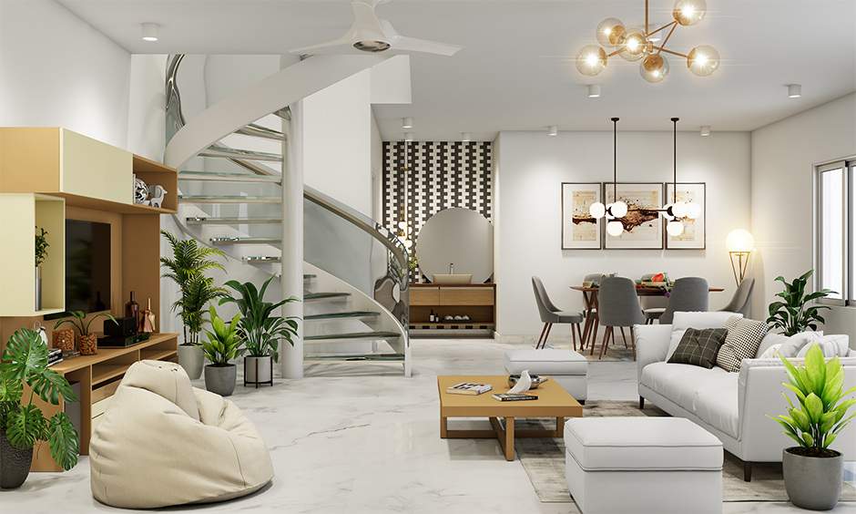 Awkward living room with a glass spiral staircase