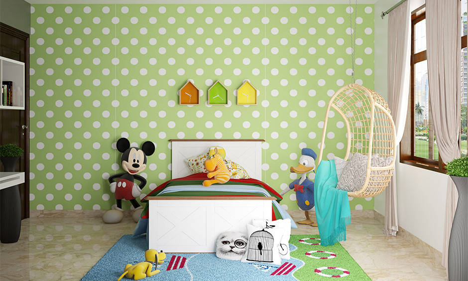 Kid's bedroom with Disney theme, featuring a kids swing chair and colorful decor