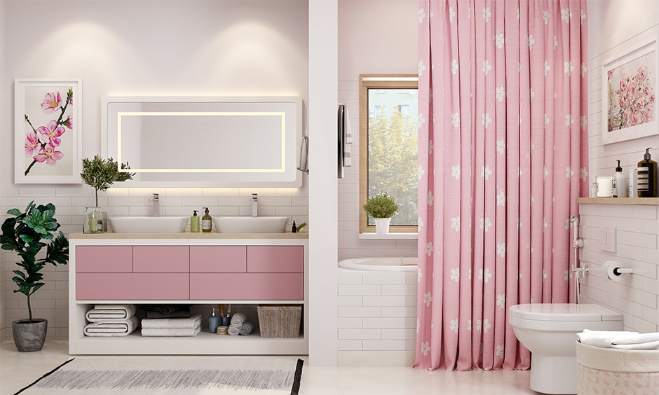 Light pink bathroom accessories with curtains