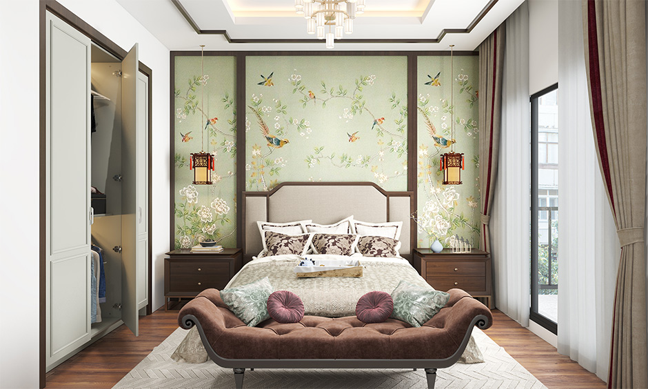 Modern Chinese interior bedroom with rice paper screens, ornate furniture