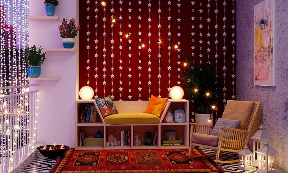 Starry Diwali light decoration ideas for a balcony with LED lanterns