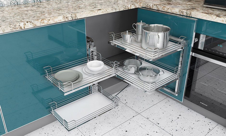 Modular kitchen basket that you can find in challenging corners of any kitchen