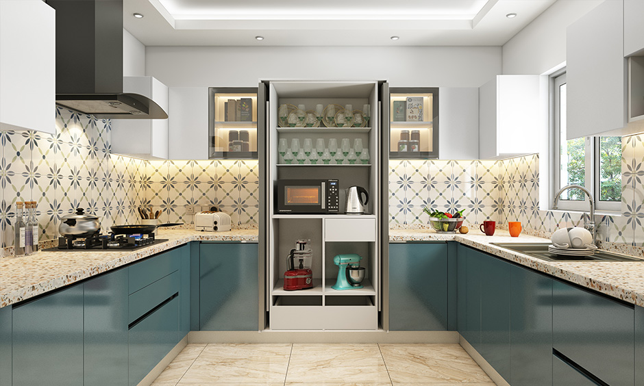 Modular modern kitchen with blue cabinets