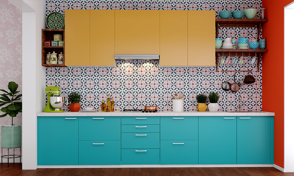 Modern Aqua blue and yellow kitchen cabinets