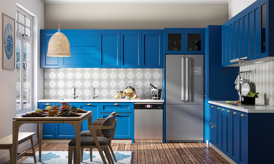 Modern blue kitchen cabinets for maximalists