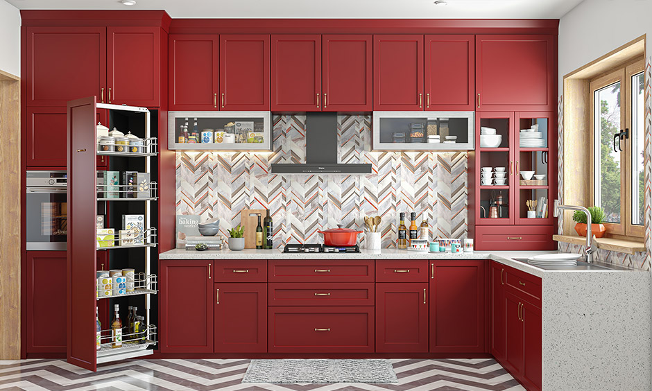 Red kitchen design for Christmas vibe makes it look royal