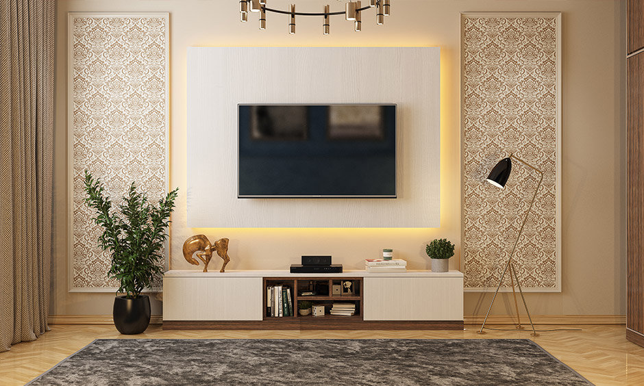 Gold Christmas theme color TV unit wallpaper gives the space a glow