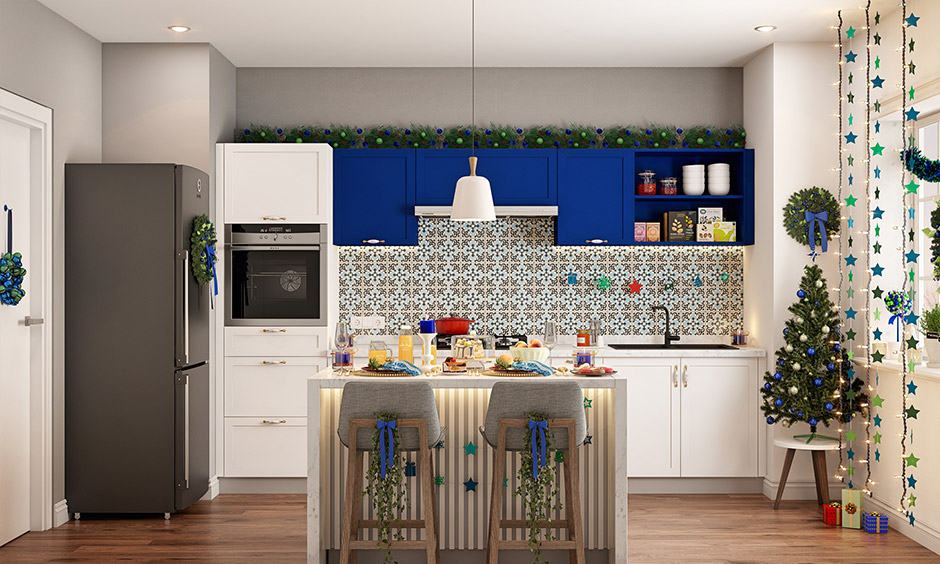 Blue and white Christmas color decorations in small kitchen island