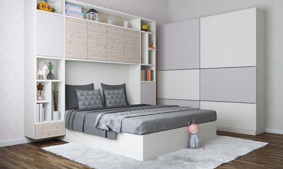 Simple double bed design with wall storage in bedroom