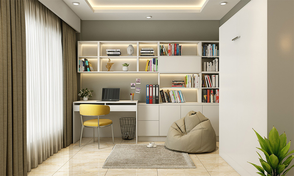 A study table with bookshelf design that has extra drawers