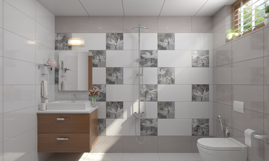 Floral pattern charcoal grey and white bathroom tiles