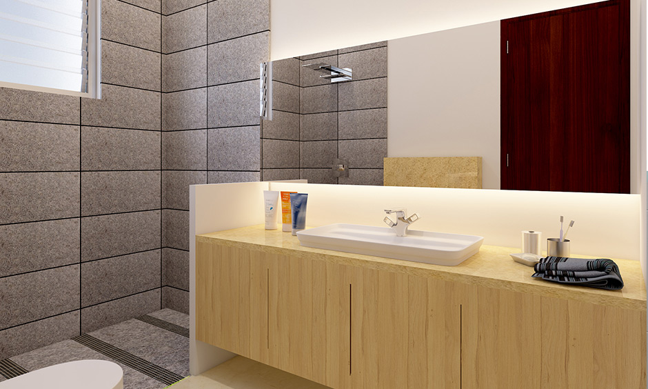 Grey and white bathroom with beige vanity unit for a touch of elegance