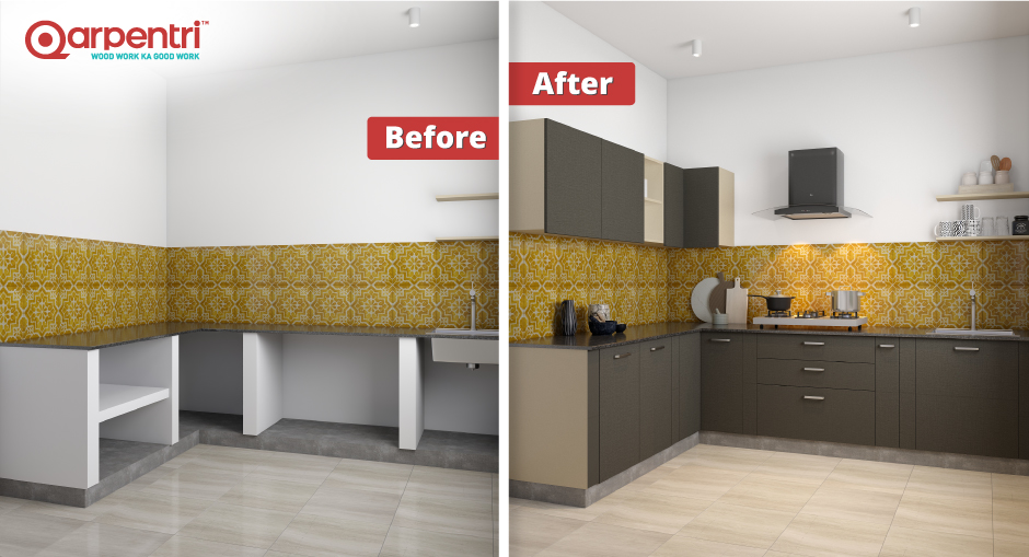 Transform your kitchen into a qarpentri-made modular kitchen, functional & attractive space