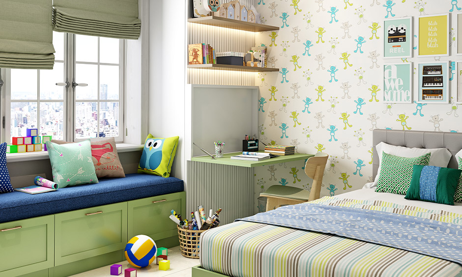 Foldable study table for students affixed to the corner wall in the bedroom adds to the room's spaciousness