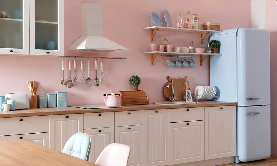 A kitchen coloured in low VOC pastel paints that don’t harm and are sustainable