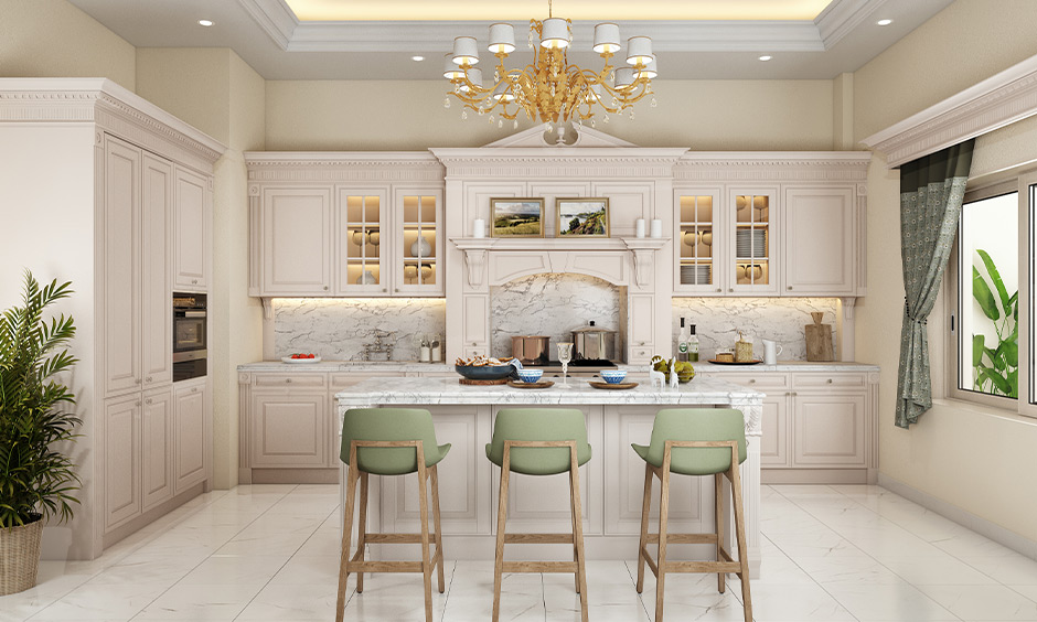 Luxury mansion kitchen interior in white theme makes it look visually larger and airier