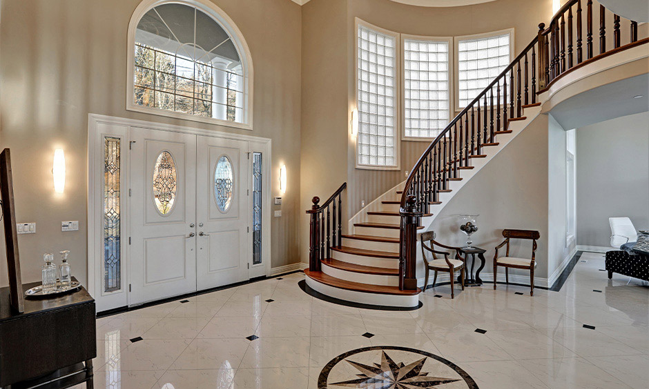 Wooden main door design with stained glass