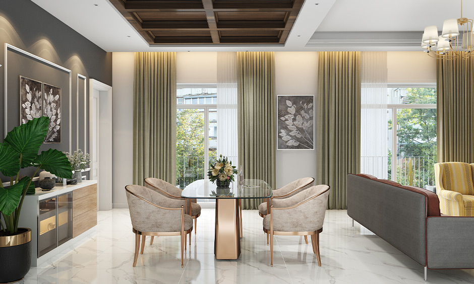 Mansion's interior dining room with wood panelling on the high ceiling lends a mesmerising look