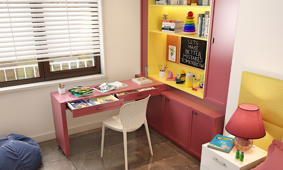 Pull-out study table design in the bedroom corner