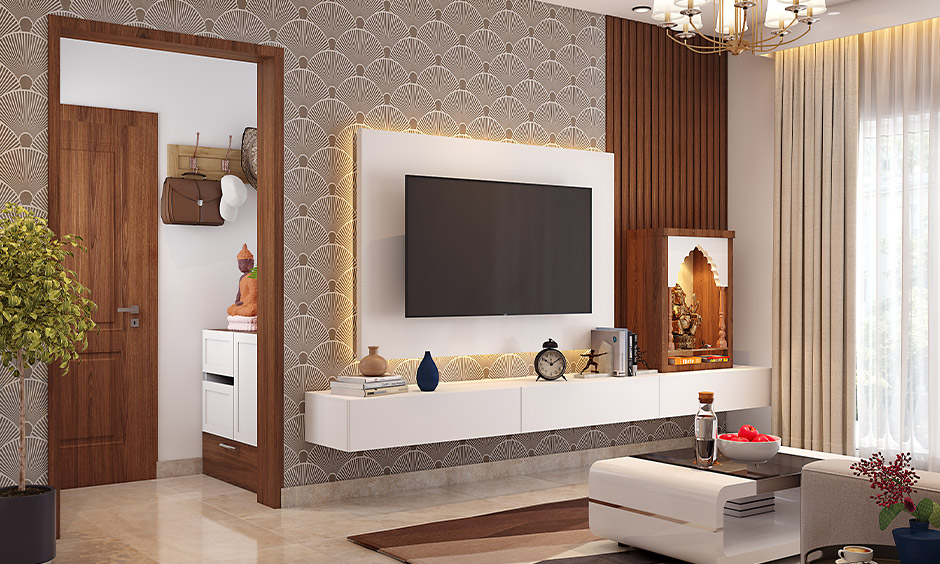 TV stand with an attached pooja unit perfect for combining entertainment and worship in your home